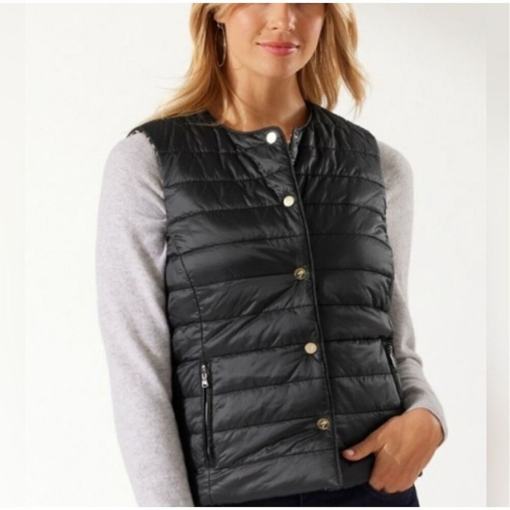 Tommy Bahama Women's Leopard Print Reversible Puffer Vest Black Size Medium NWT